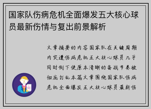 国家队伤病危机全面爆发五大核心球员最新伤情与复出前景解析