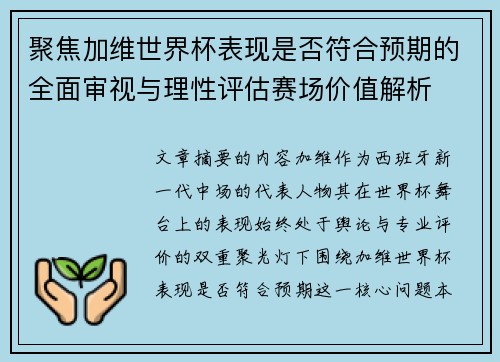 聚焦加维世界杯表现是否符合预期的全面审视与理性评估赛场价值解析